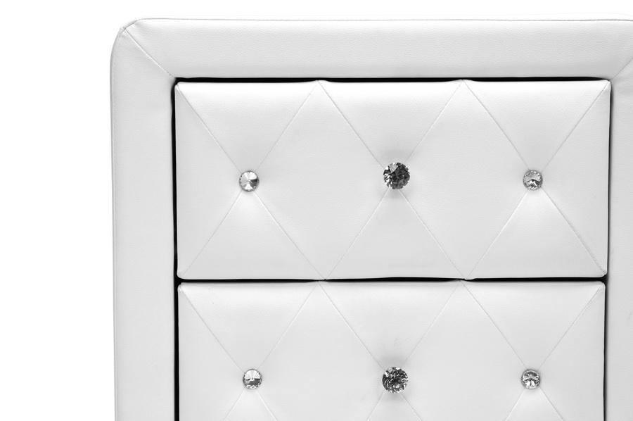 Stella Crystal Tufted White Upholstered Modern Nightstand FredCo