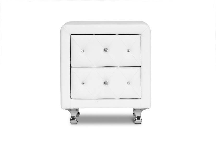 Stella Crystal Tufted White Upholstered Modern Nightstand FredCo