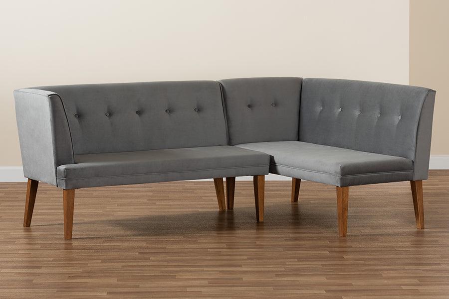 Stewart Mid-Century Modern Grey Velvet Upholstered and Walnut Brown Finished Wood 2-Piece Dining Nook Banquette Set FredCo