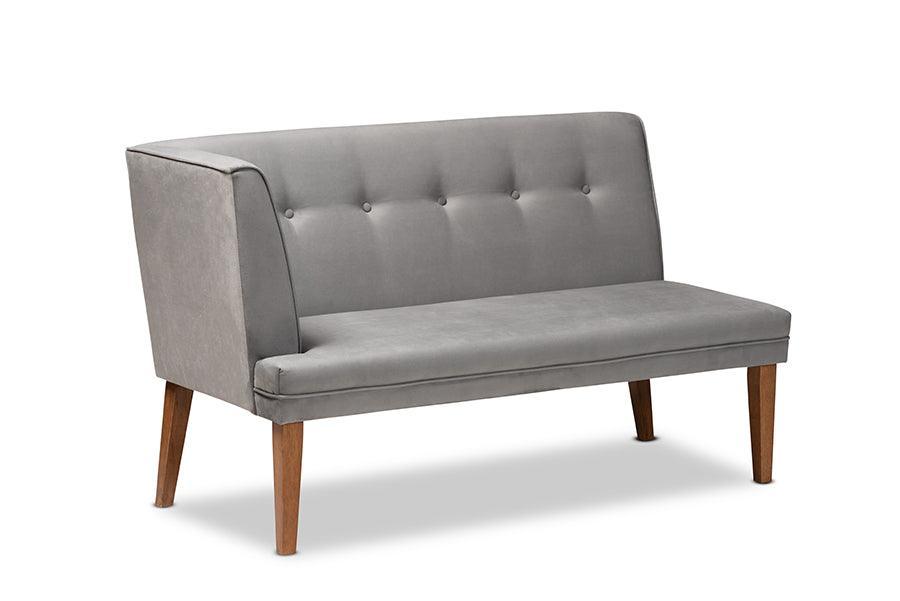 Stewart Mid-Century Modern Grey Velvet Upholstered and Walnut Brown Finished Wood 2-Piece Dining Nook Banquette Set FredCo