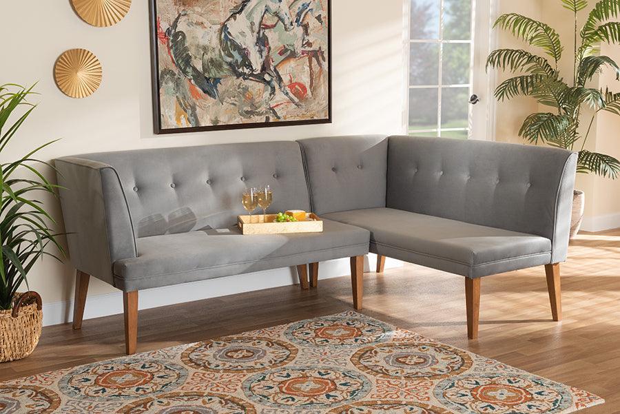 Stewart Mid-Century Modern Grey Velvet Upholstered and Walnut Brown Finished Wood 2-Piece Dining Nook Banquette Set FredCo