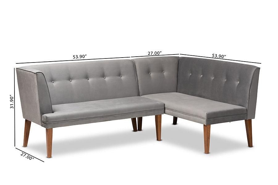 Stewart Mid-Century Modern Grey Velvet Upholstered and Walnut Brown Finished Wood 2-Piece Dining Nook Banquette Set FredCo