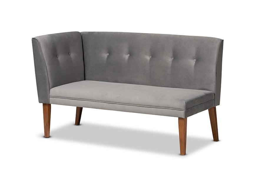 Stewart Mid-Century Modern Grey Velvet Upholstered and Walnut Brown Finished Wood 2-Piece Dining Nook Banquette Set FredCo