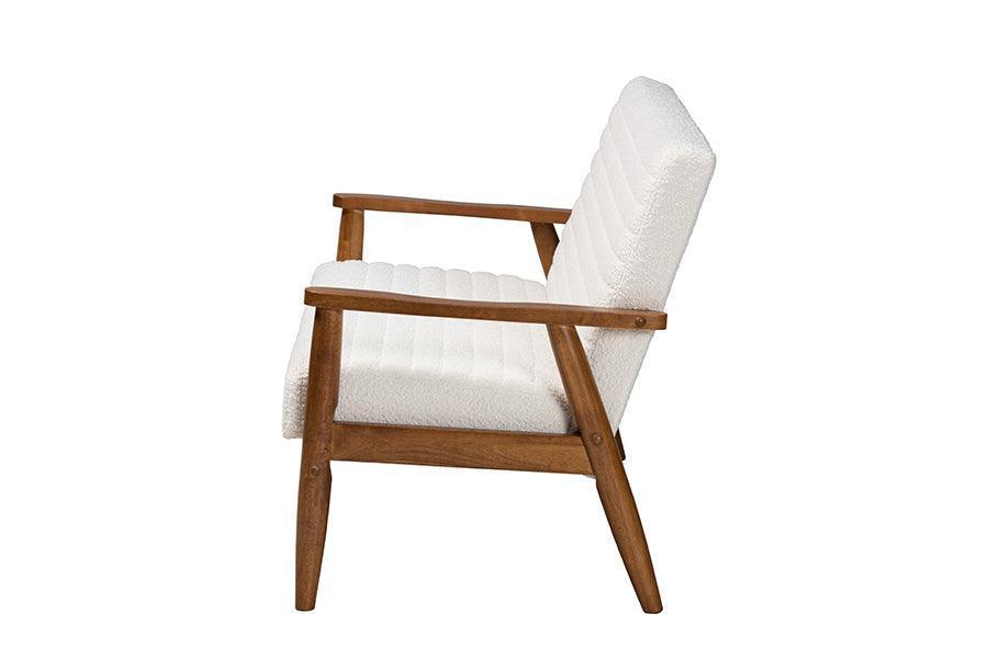 Stratton Mid-Century Modern Cream Boucle Fabric and Walnut Brown Finished Wood Loveseat FredCo