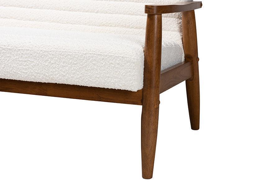 Stratton Mid-Century Modern Cream Boucle Fabric and Walnut Brown Finished Wood Loveseat FredCo