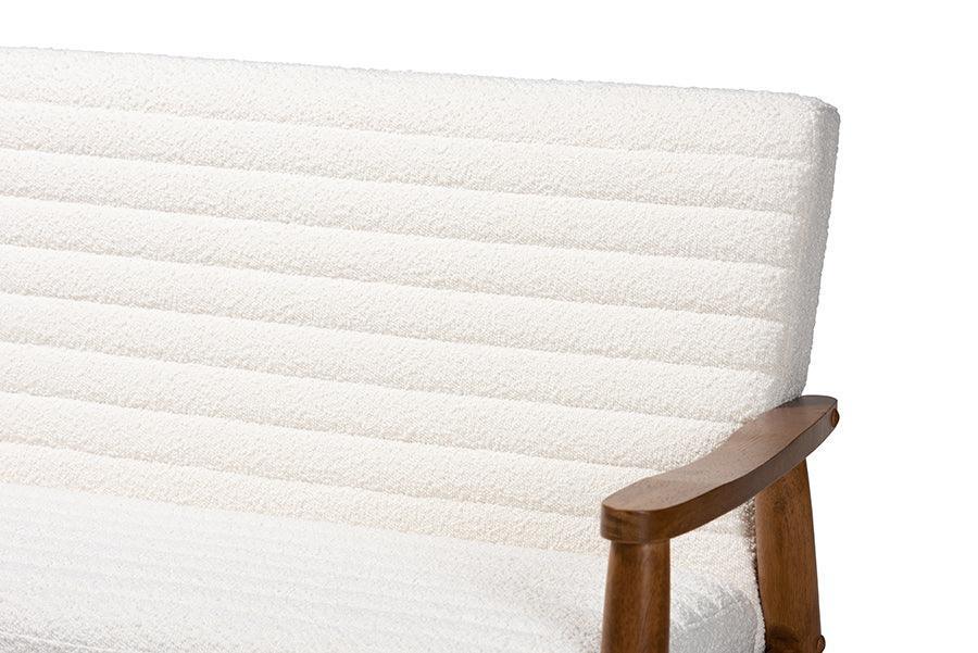 Stratton Mid-Century Modern Cream Boucle Fabric and Walnut Brown Finished Wood Loveseat FredCo