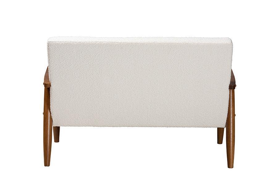 Stratton Mid-Century Modern Cream Boucle Fabric and Walnut Brown Finished Wood Loveseat FredCo