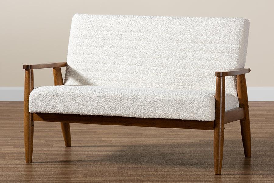 Stratton Mid-Century Modern Cream Boucle Fabric and Walnut Brown Finished Wood Loveseat FredCo