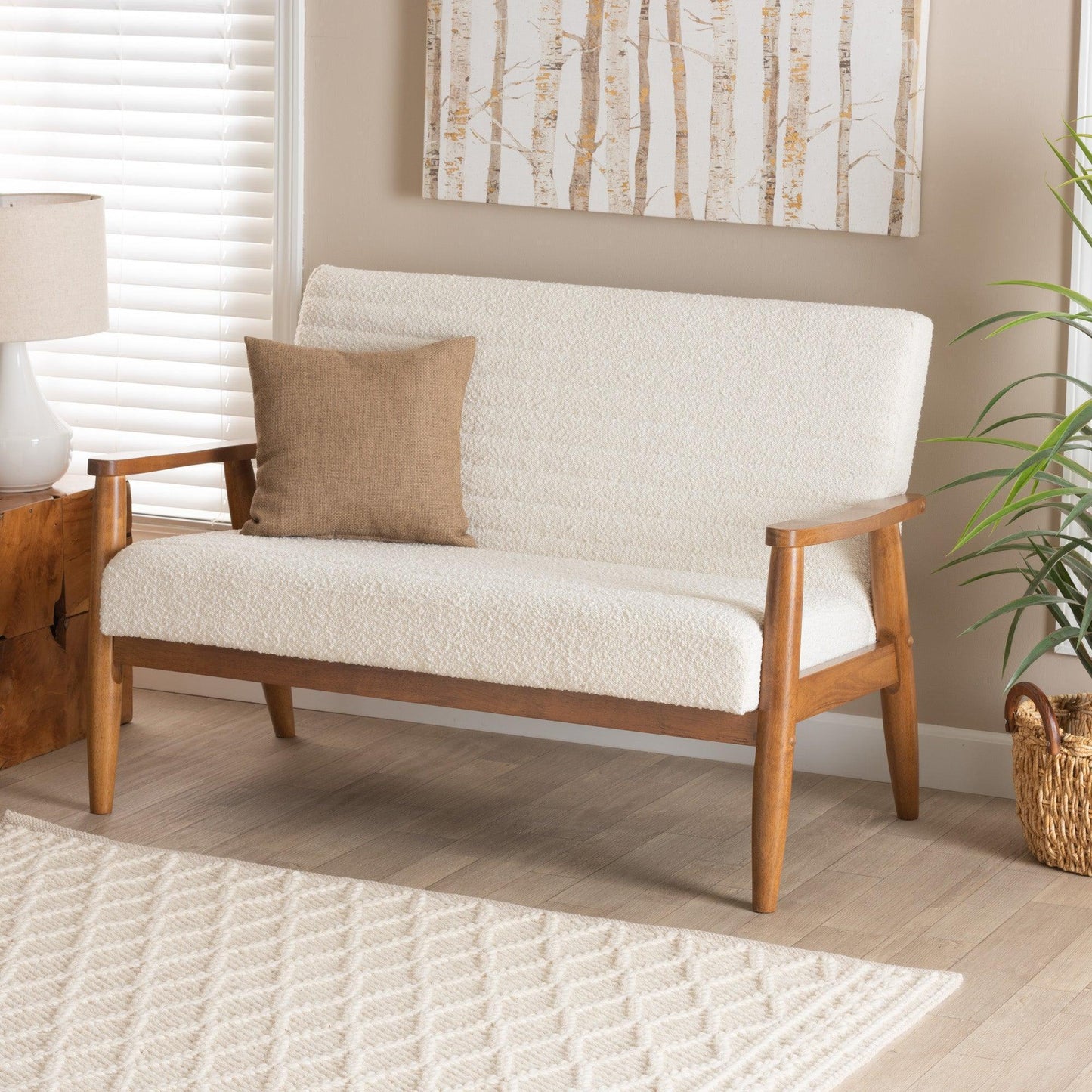Stratton Mid-Century Modern Cream Boucle Fabric and Walnut Brown Finished Wood Loveseat FredCo