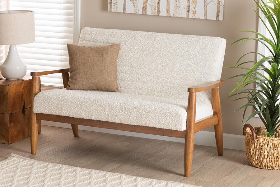 Stratton Mid-Century Modern Cream Boucle Fabric and Walnut Brown Finished Wood Loveseat FredCo