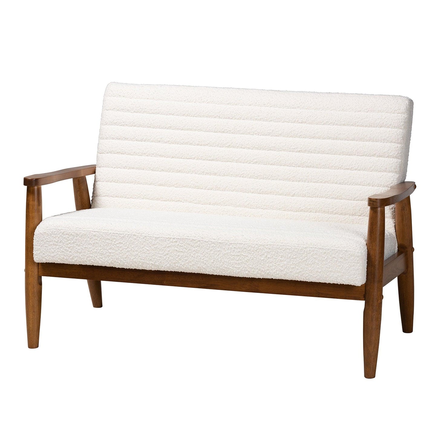 Stratton Mid-Century Modern Cream Boucle Fabric and Walnut Brown Finished Wood Loveseat FredCo