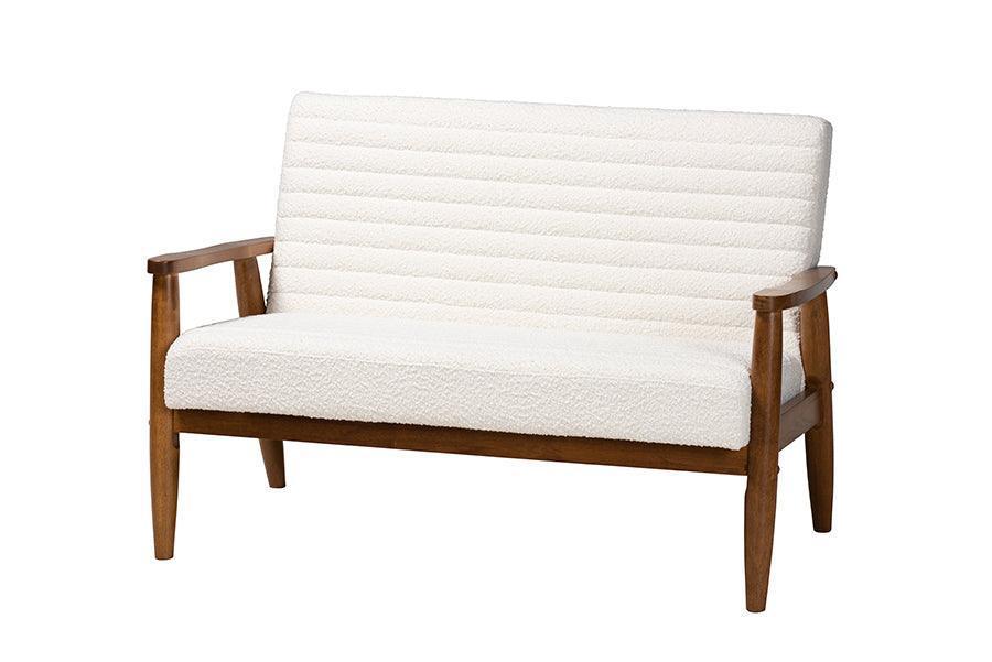 Stratton Mid-Century Modern Cream Boucle Fabric and Walnut Brown Finished Wood Loveseat FredCo