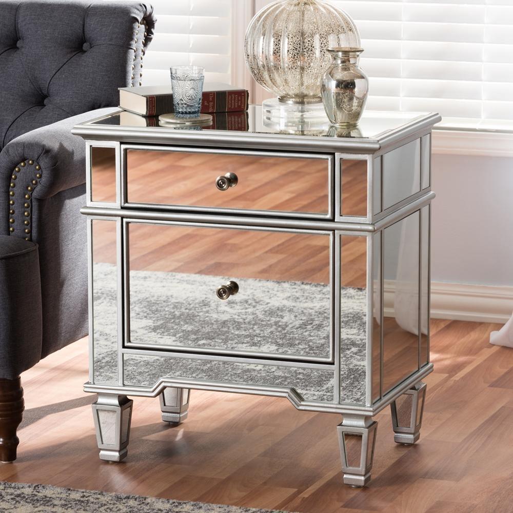 Sussie Hollywood Regency Glamour Style Mirrored 2-Drawer Nightstand FredCo