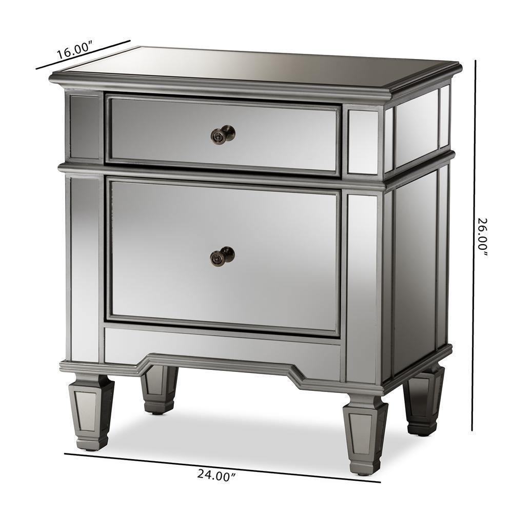 Sussie Hollywood Regency Glamour Style Mirrored 2-Drawer Nightstand FredCo