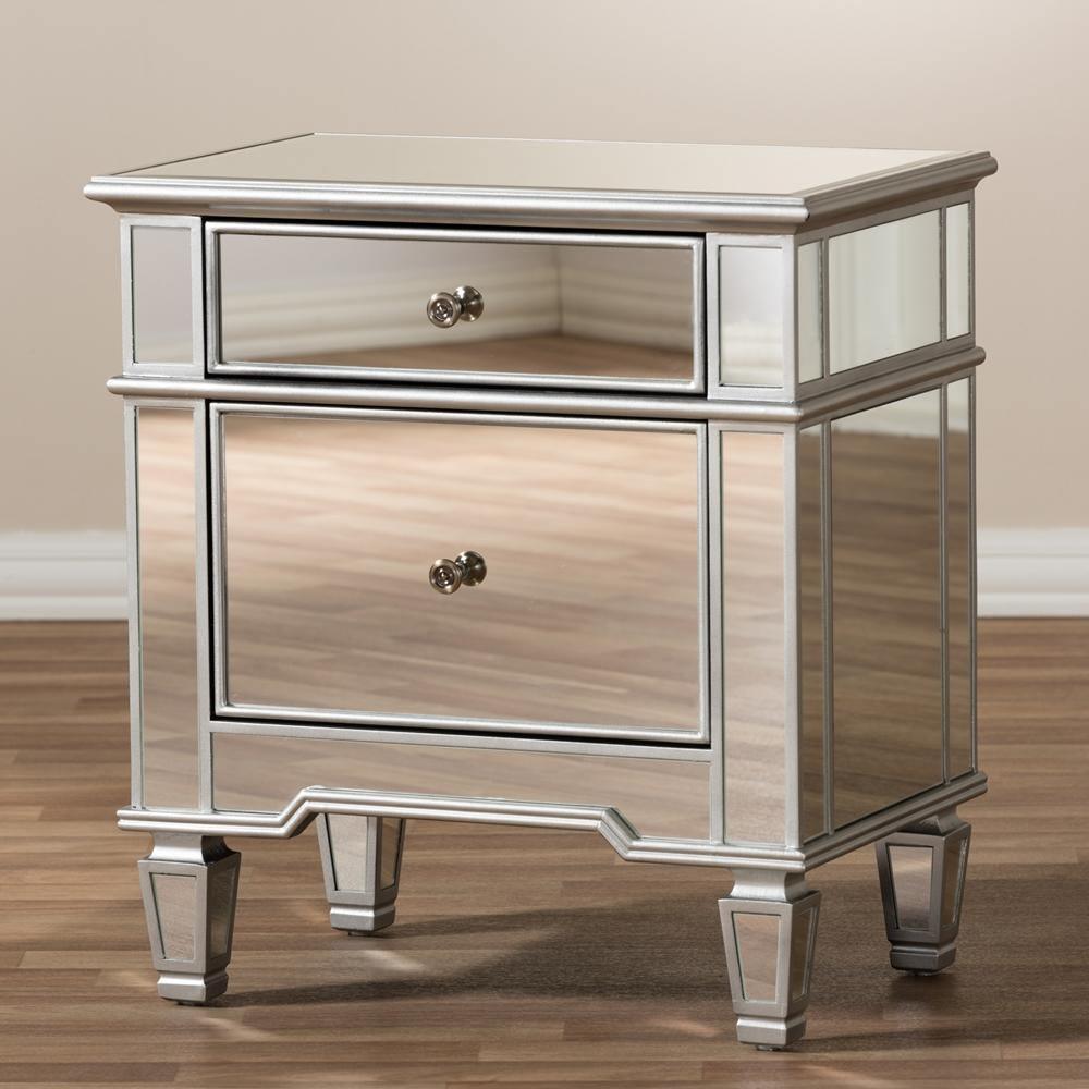 Sussie Hollywood Regency Glamour Style Mirrored 2-Drawer Nightstand FredCo