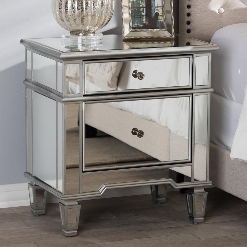 Sussie Hollywood Regency Glamour Style Mirrored 2-Drawer Nightstand FredCo