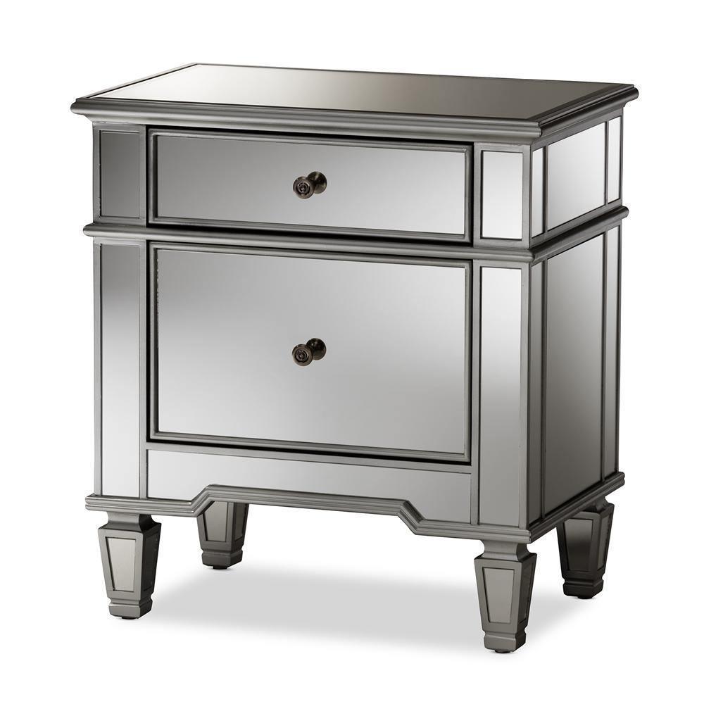 Sussie Hollywood Regency Glamour Style Mirrored 2-Drawer Nightstand FredCo