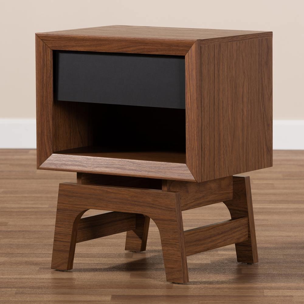 Svante Mid-Century Modern Walnut Brown and Dark Gray Finished Wood 1-Drawer Nightstand FredCo