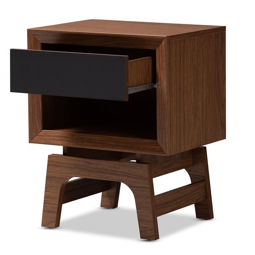 Svante Mid-Century Modern Walnut Brown and Dark Gray Finished Wood 1-Drawer Nightstand FredCo