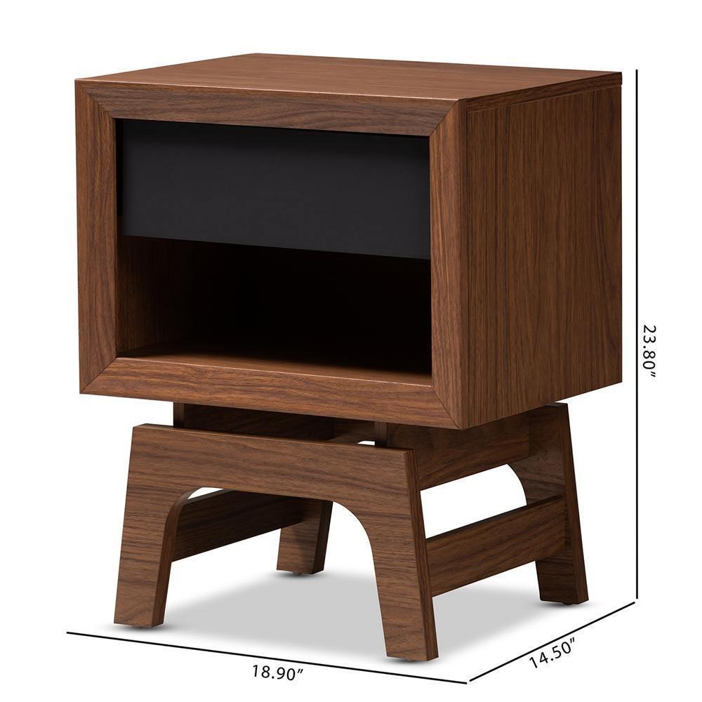Svante Mid-Century Modern Walnut Brown and Dark Gray Finished Wood 1-Drawer Nightstand FredCo