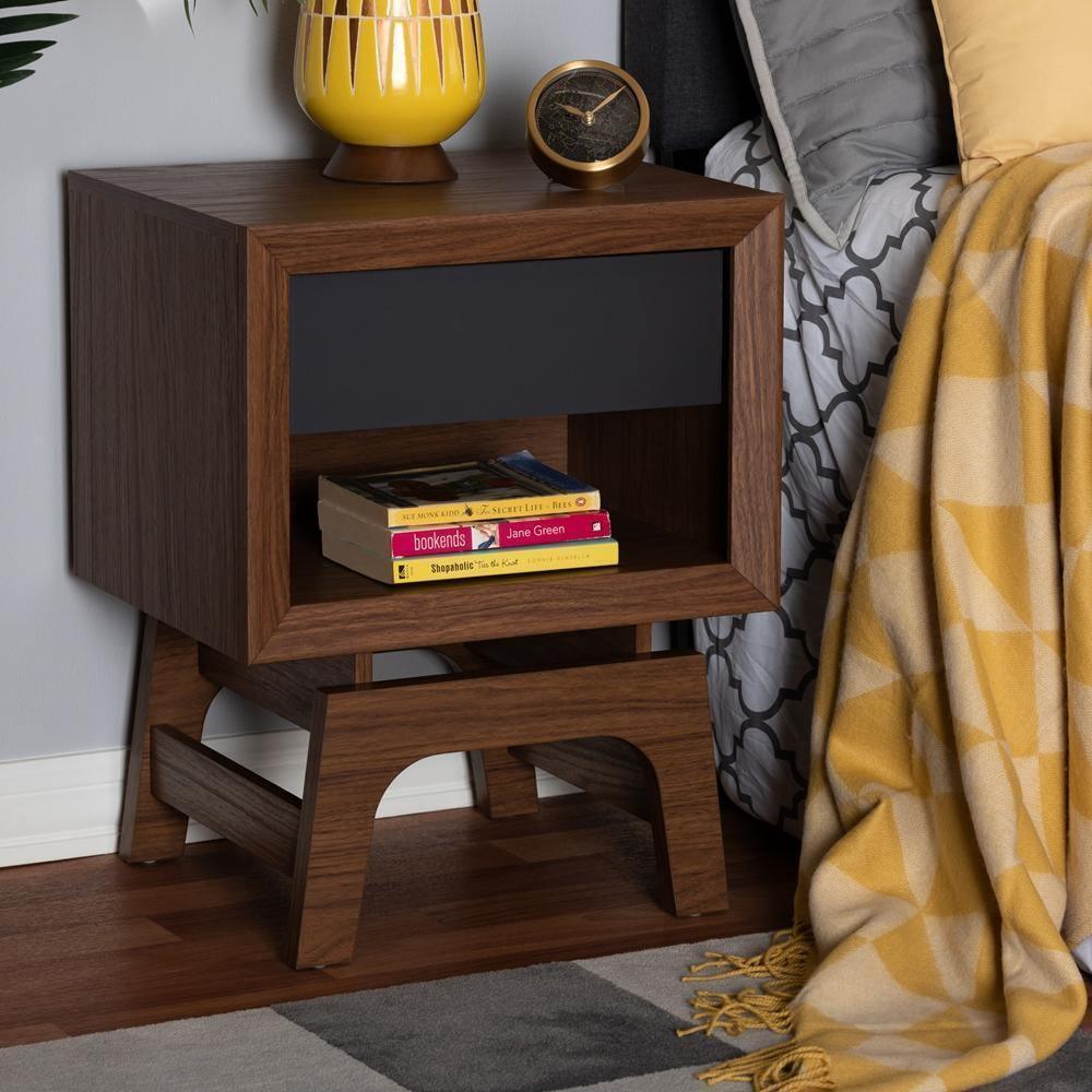 Svante Mid-Century Modern Walnut Brown and Dark Gray Finished Wood 1-Drawer Nightstand FredCo