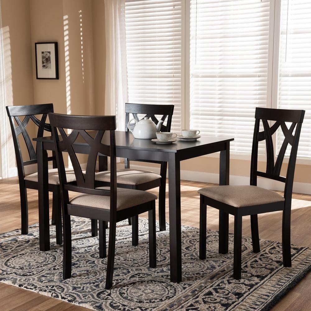 Sylvia Modern and Contemporary Espresso Brown Finished and Sand Fabric Upholstered 5-Piece Dining Set FredCo