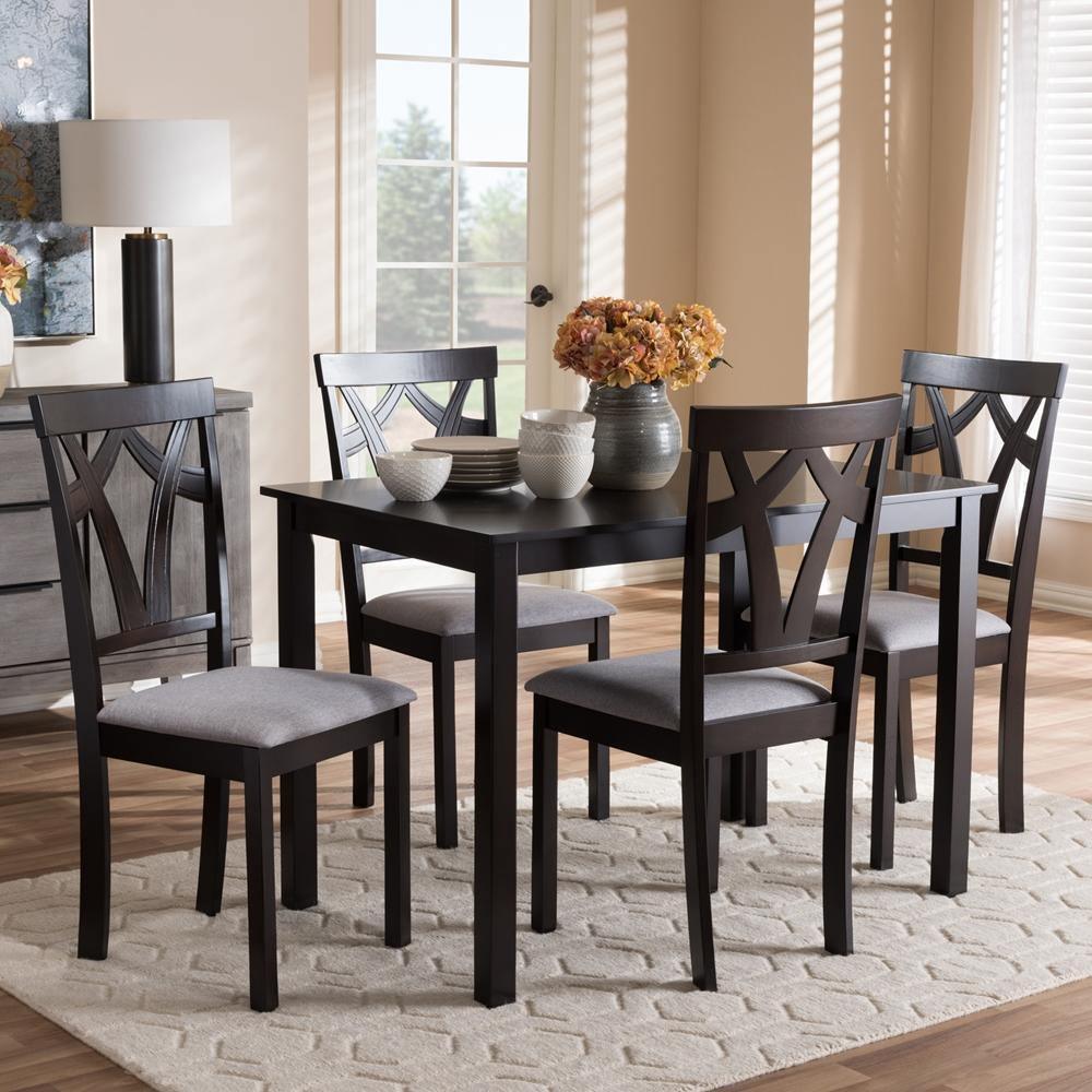 Sylvia Modern and Contemporary Grey Fabric Upholstered and Dark Brown Finished 5-Piece Dining Set FredCo