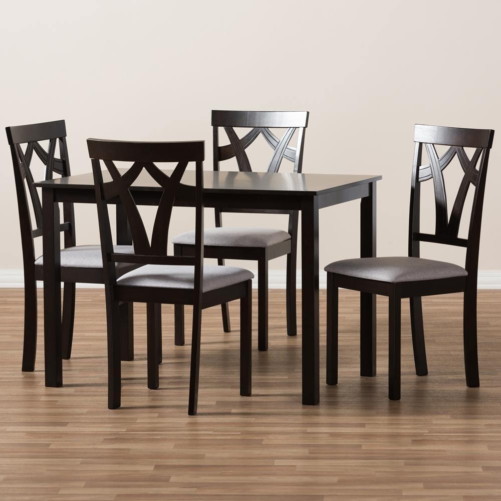 Sylvia Modern and Contemporary Grey Fabric Upholstered and Dark Brown Finished 5-Piece Dining Set FredCo