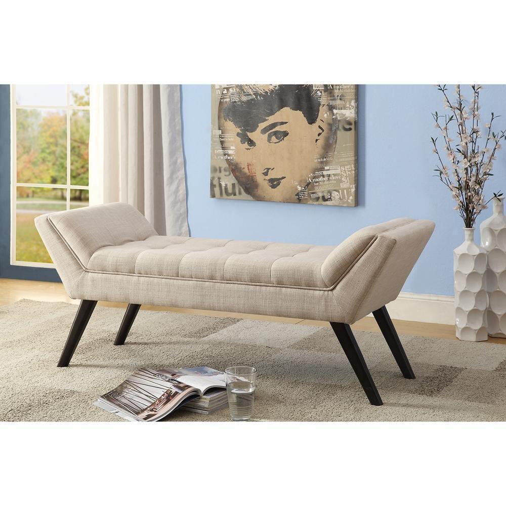 Tamblin Mid-century Modern Retro Beige Linen Fabric Upholstered Grid-Tufting 50-Inch Bench FredCo
