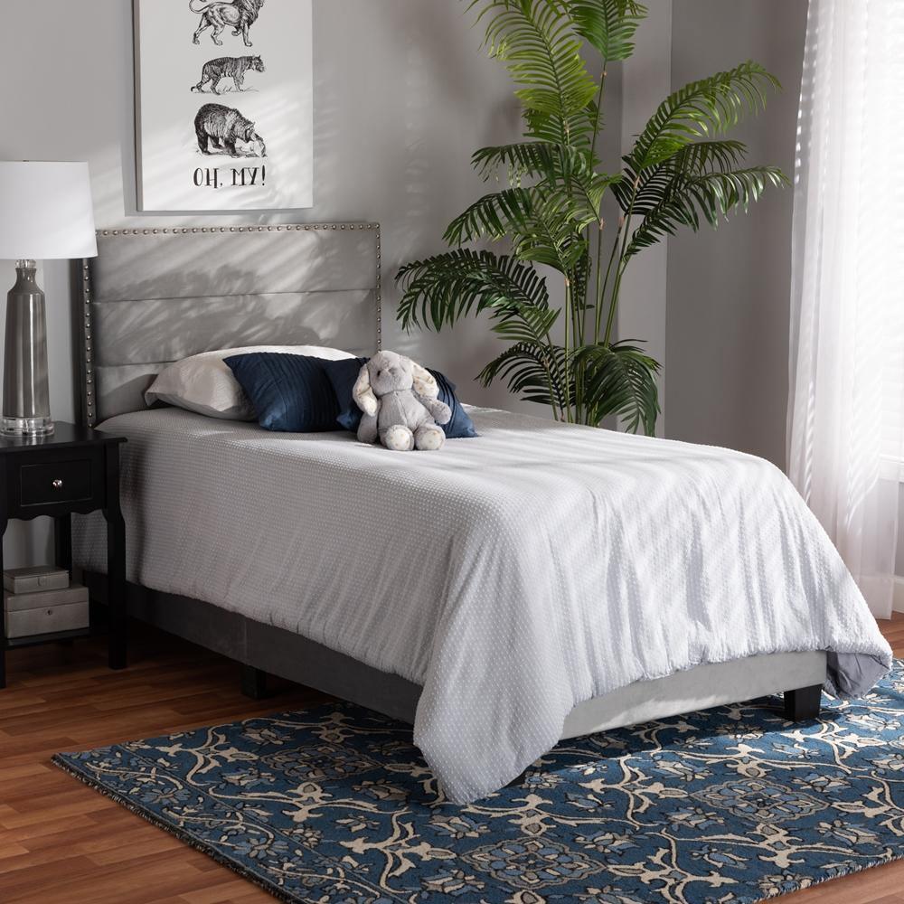 Tamira Modern and Contemporary Glam Grey Velvet Fabric Upholstered Twin Size Panel Bed FredCo