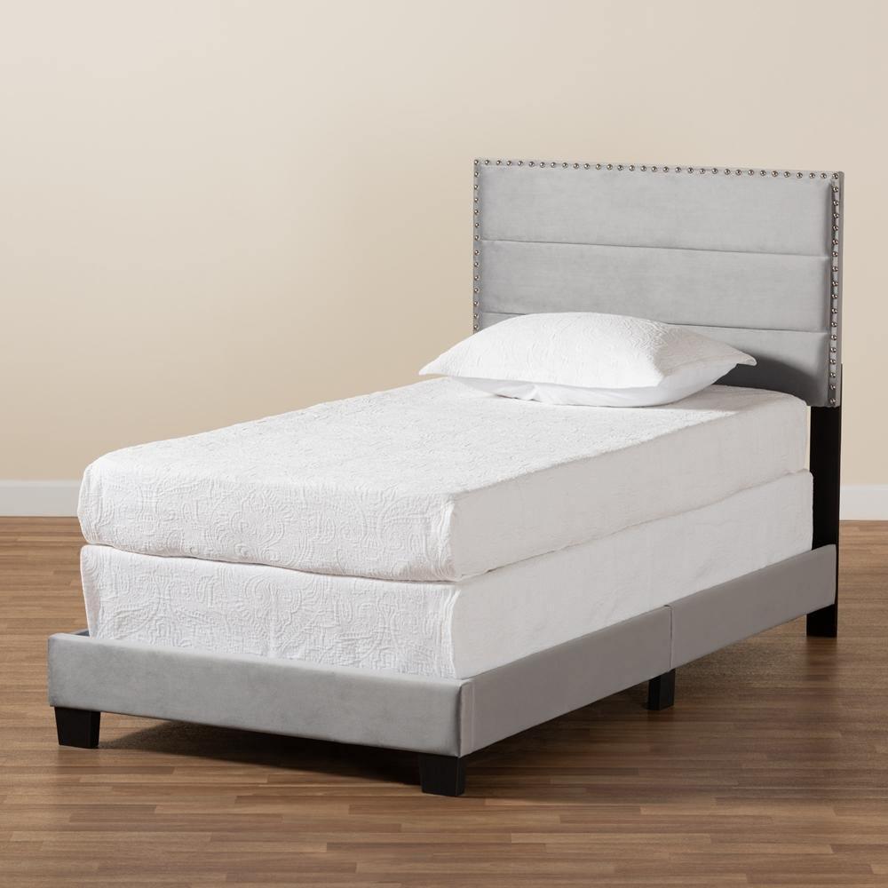 Tamira Modern and Contemporary Glam Grey Velvet Fabric Upholstered Twin Size Panel Bed FredCo