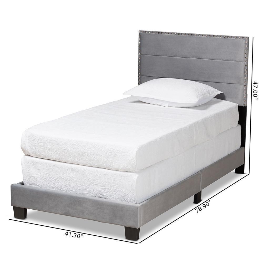 Tamira Modern and Contemporary Glam Grey Velvet Fabric Upholstered Twin Size Panel Bed FredCo