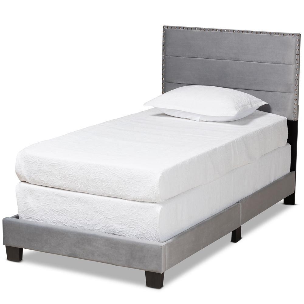 Tamira Modern and Contemporary Glam Grey Velvet Fabric Upholstered Twin Size Panel Bed FredCo