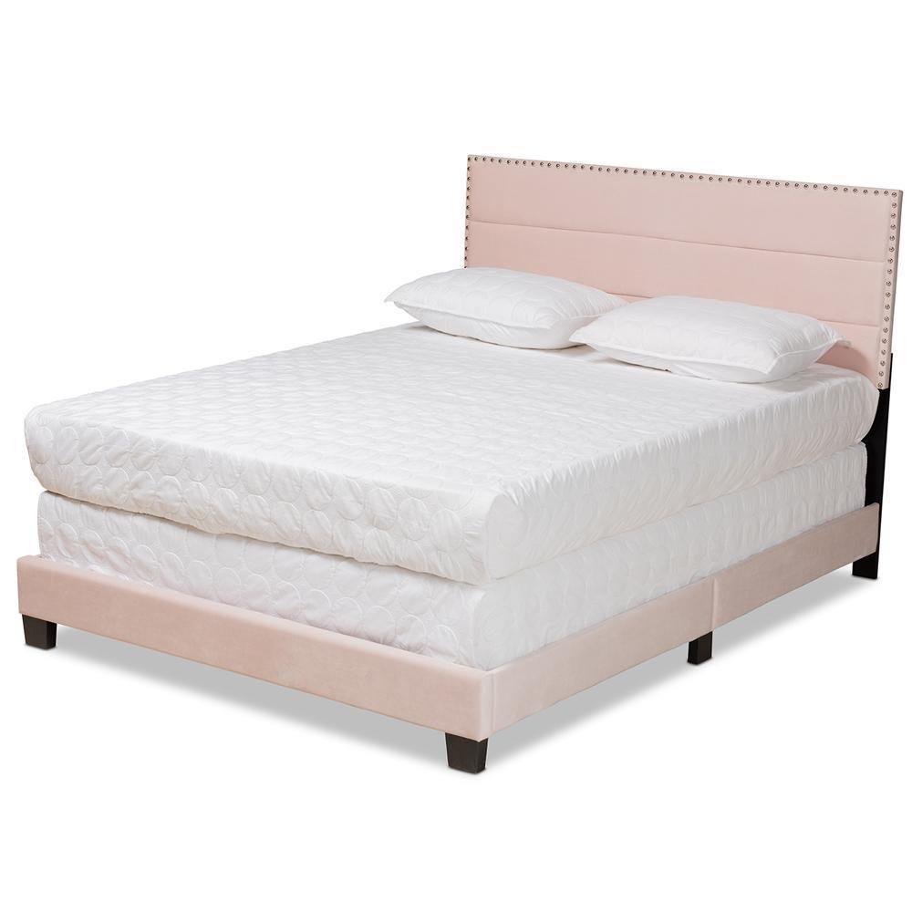 Tamira Modern and Contemporary Glam Light Pink Velvet Fabric Upholstered Queen Size Panel Bed FredCo