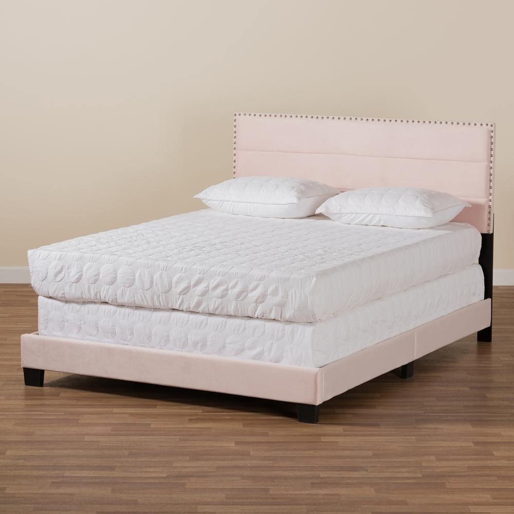 Tamira Modern and Contemporary Glam Light Pink Velvet Fabric Upholstered Queen Size Panel Bed FredCo