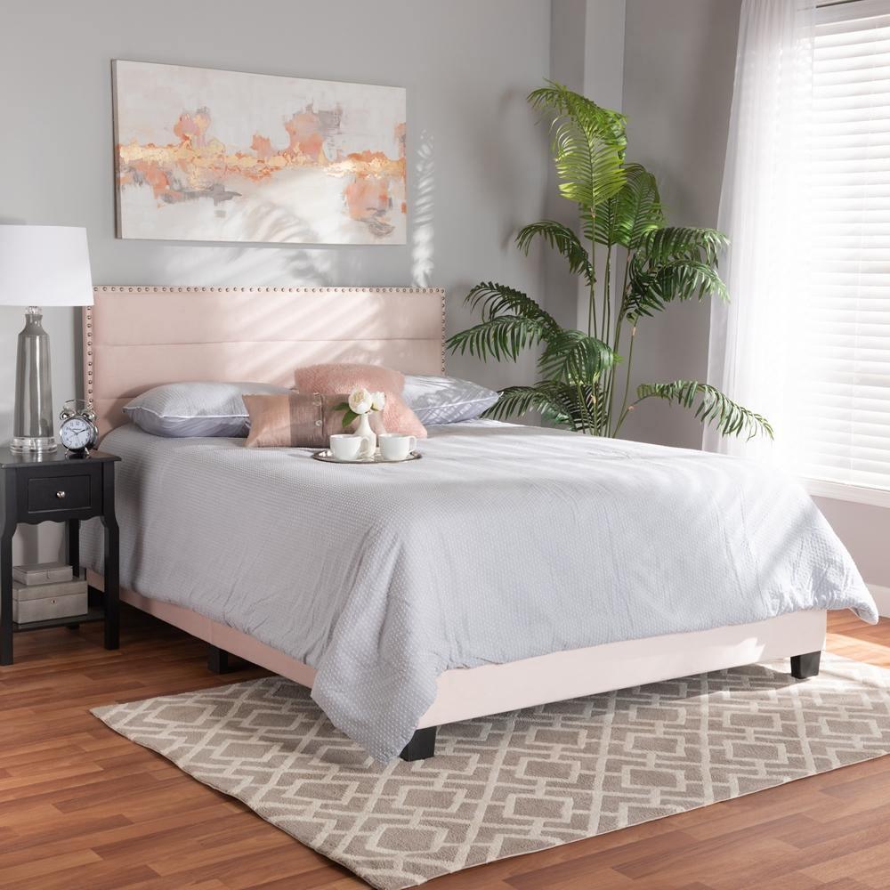 Tamira Modern and Contemporary Glam Light Pink Velvet Fabric Upholstered Queen Size Panel Bed FredCo