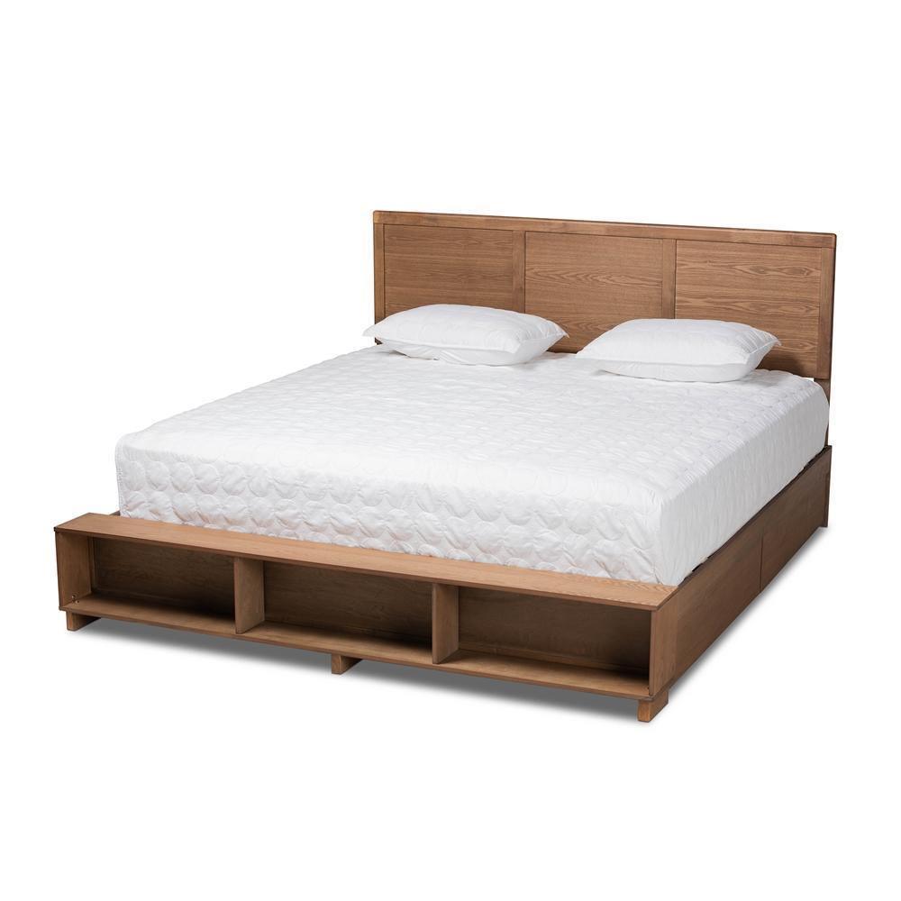 Tamsin Modern Transitional Ash Walnut Brown Finished Wood King Size 4-Drawer Platform Storage Bed with Built-In Shelves FredCo