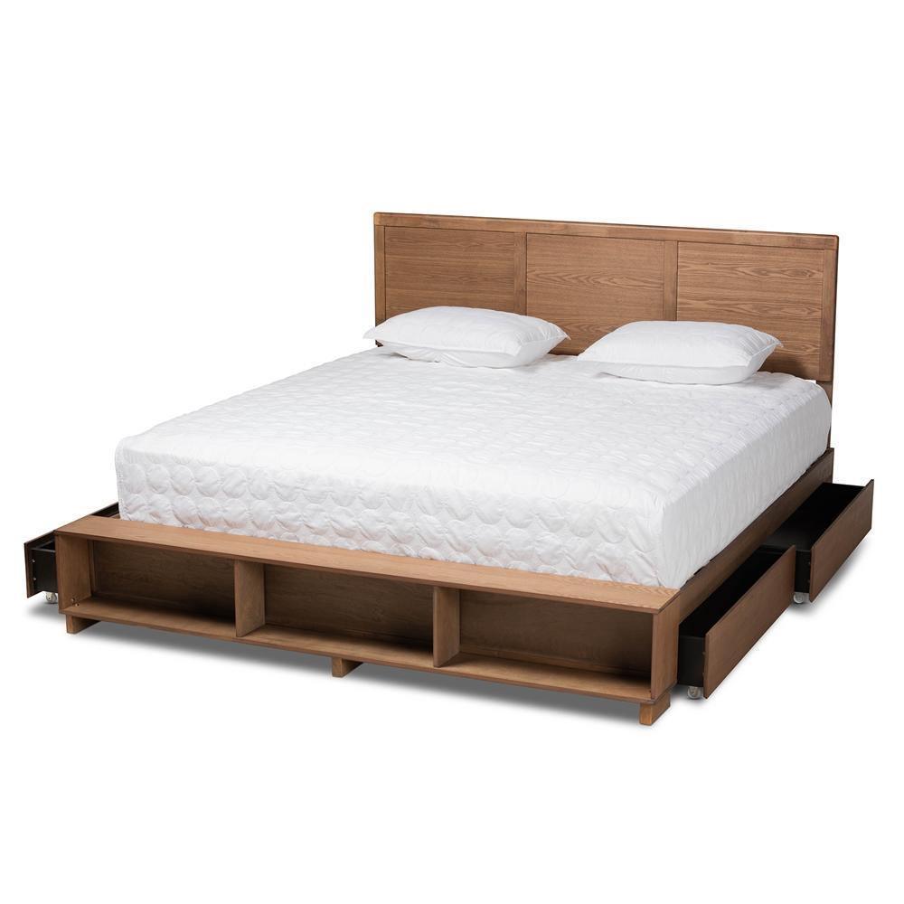Tamsin Modern Transitional Ash Walnut Brown Finished Wood King Size 4-Drawer Platform Storage Bed with Built-In Shelves FredCo