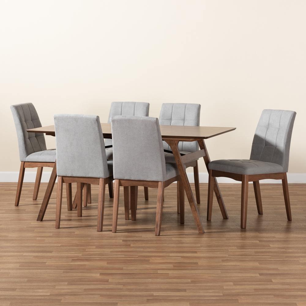 Tara Mid-Century Modern Light Grey Fabric Upholstered and Walnut Brown Finished Wood 7-Piece Dining Set FredCo