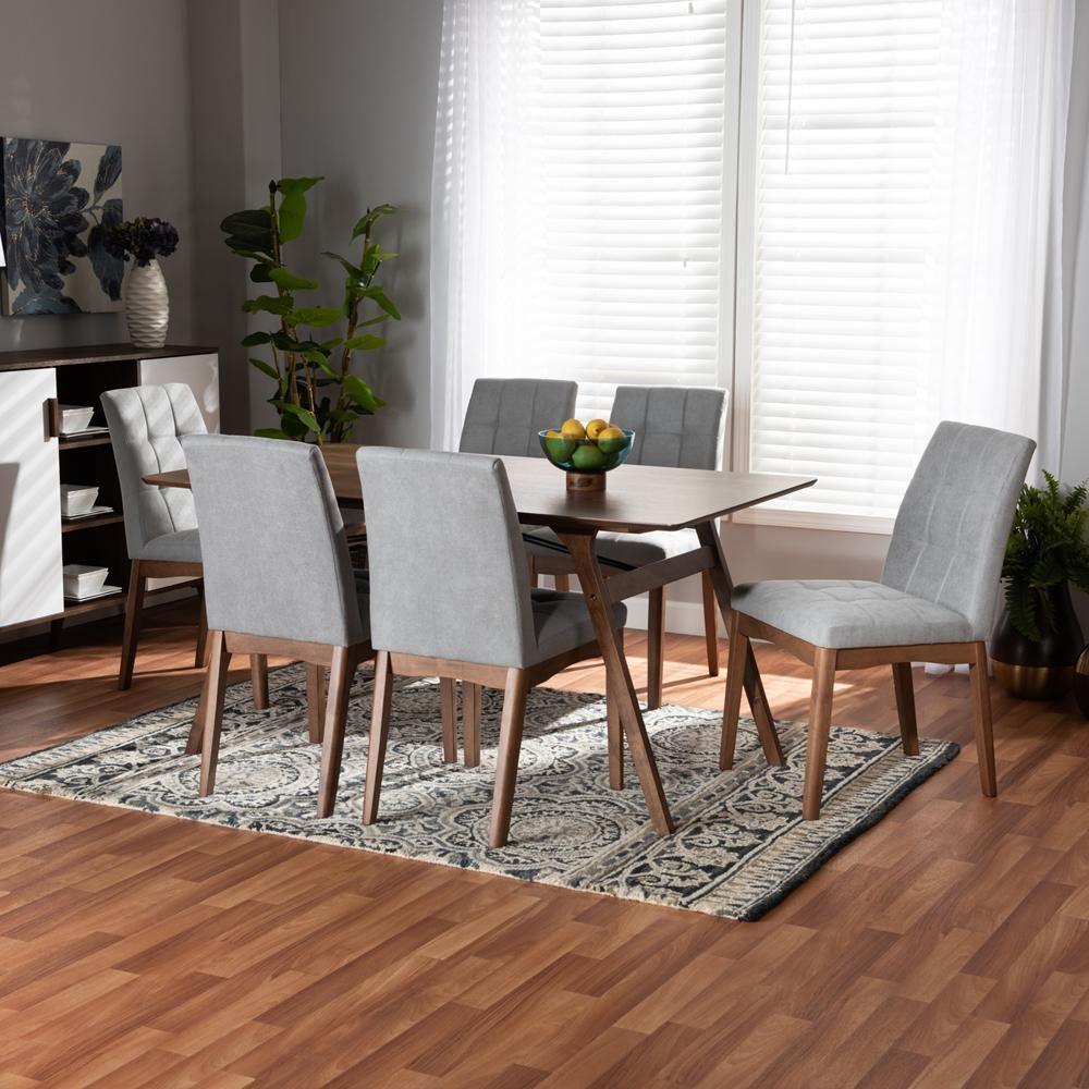 Tara Mid-Century Modern Light Grey Fabric Upholstered and Walnut Brown Finished Wood 7-Piece Dining Set FredCo