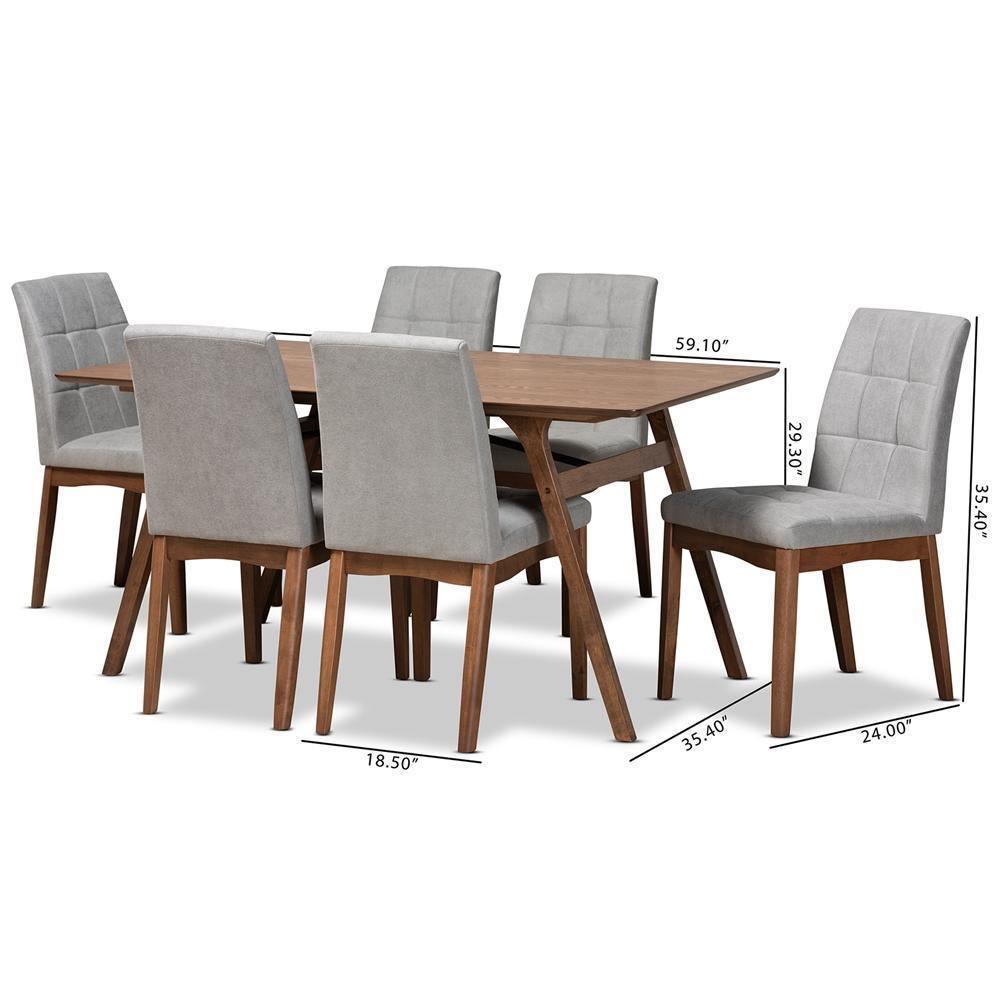 Tara Mid-Century Modern Light Grey Fabric Upholstered and Walnut Brown Finished Wood 7-Piece Dining Set FredCo
