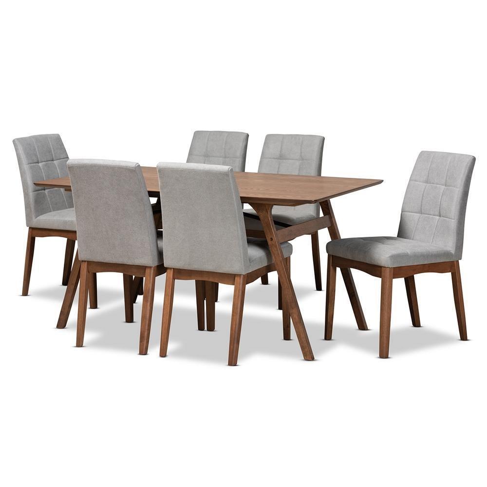 Tara Mid-Century Modern Light Grey Fabric Upholstered and Walnut Brown Finished Wood 7-Piece Dining Set FredCo
