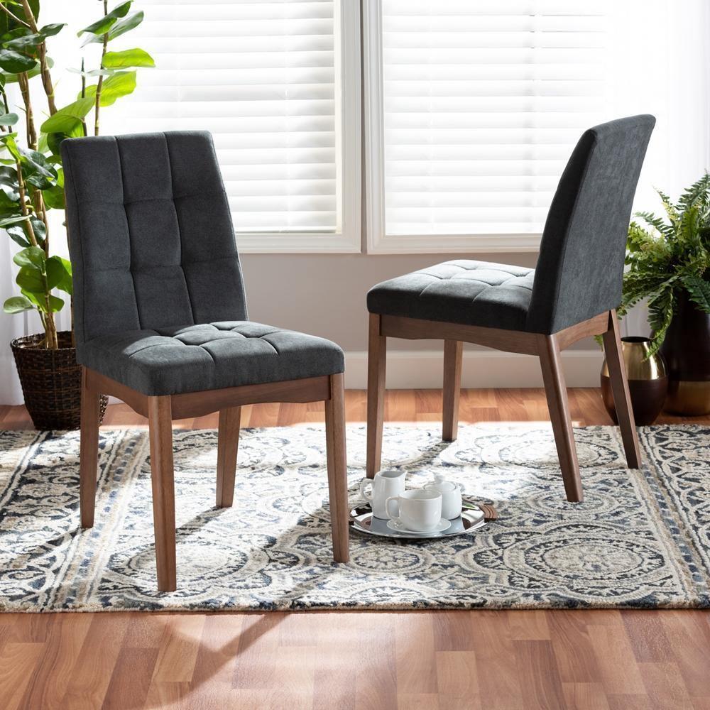 Tara Mid-Century Modern Transitional Dark Grey Fabric Upholstered and Walnut Brown Finished Wood 2-Piece Dining Chair Set FredCo