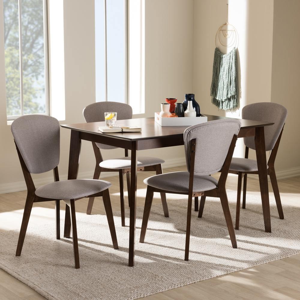 Tarelle Mid-Century Modern Walnut-Finished Light Grey Fabric Upholstered 5-Piece Dining Set FredCo