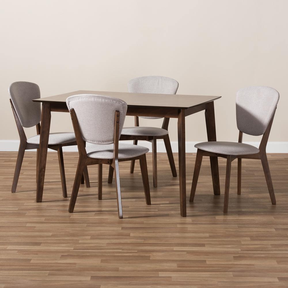 Tarelle Mid-Century Modern Walnut-Finished Light Grey Fabric Upholstered 5-Piece Dining Set FredCo
