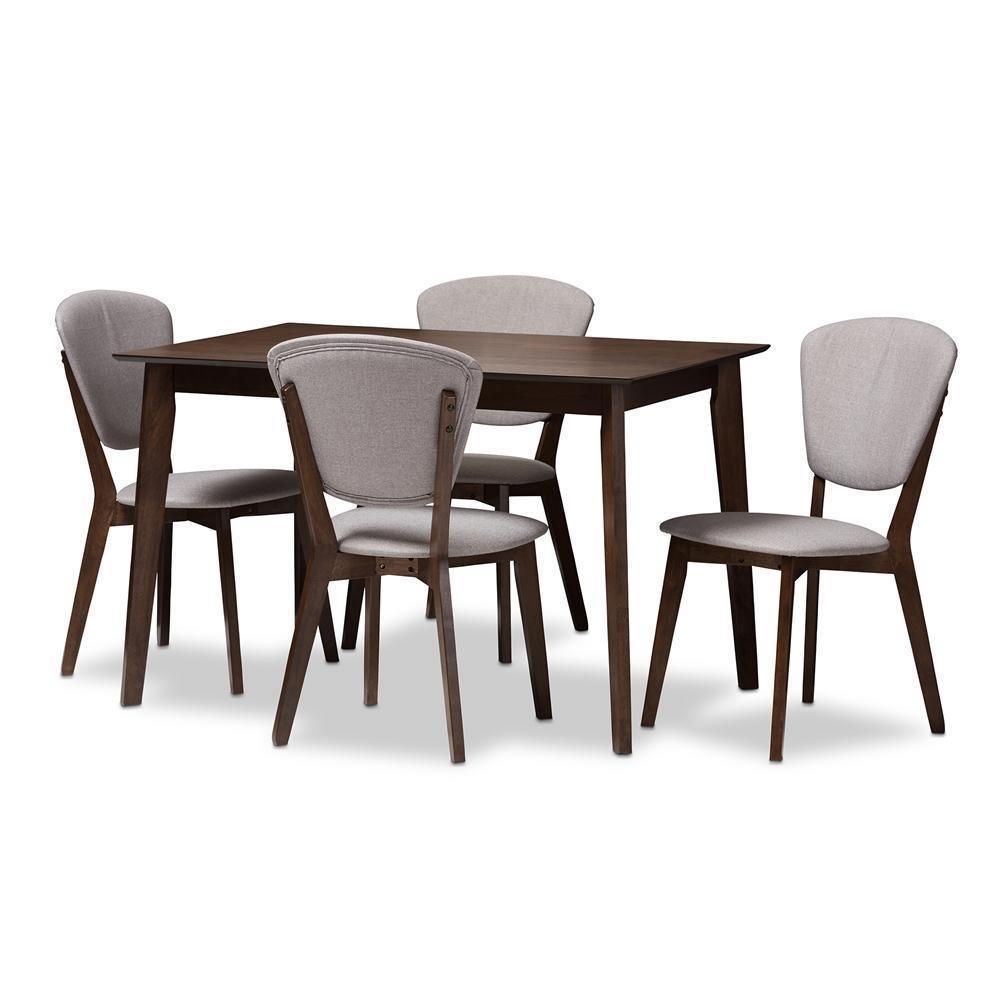 Tarelle Mid-Century Modern Walnut-Finished Light Grey Fabric Upholstered 5-Piece Dining Set FredCo