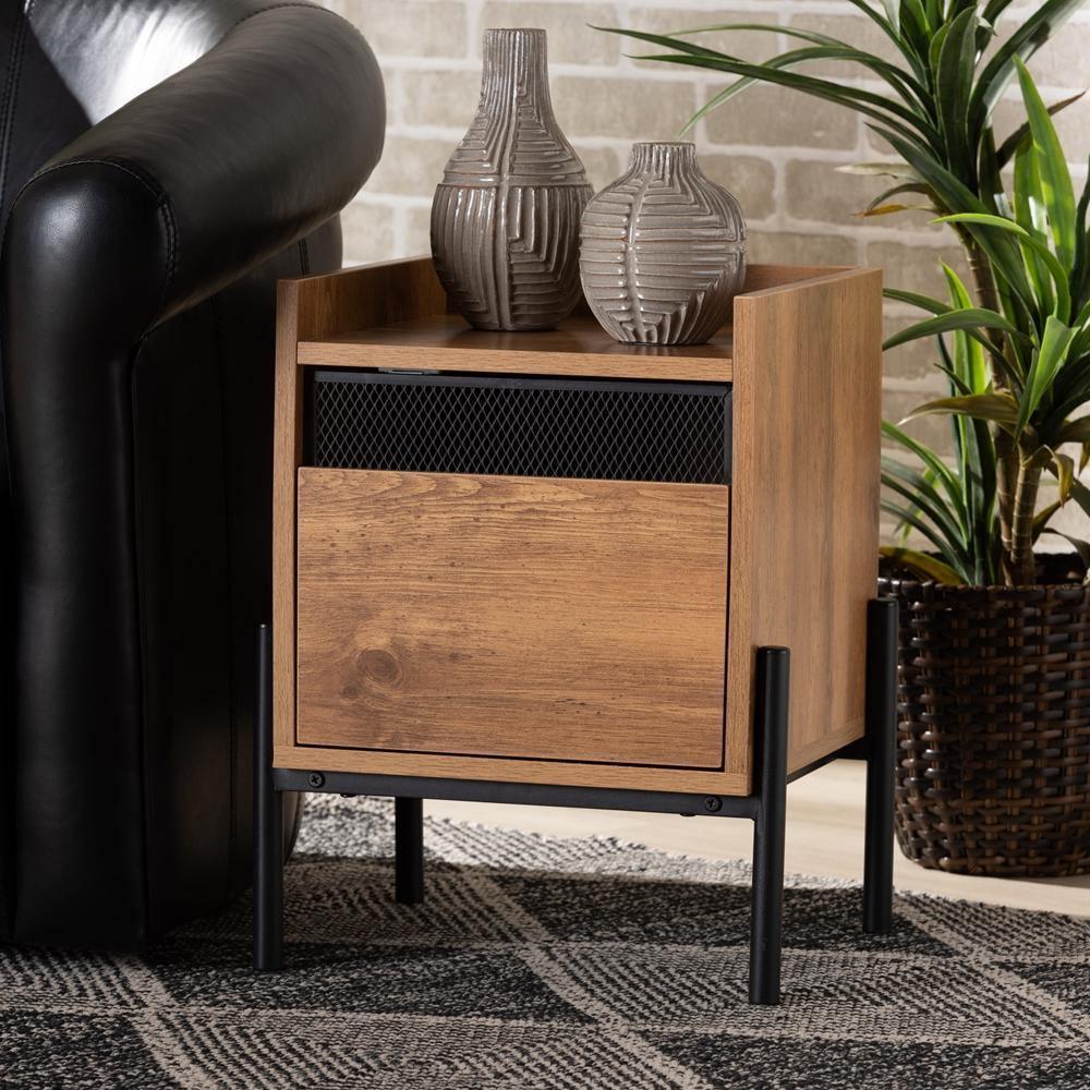 Tasman Modern and Contemporary Industrial Natural Brown Finished Wood and Black Metal End Table FredCo