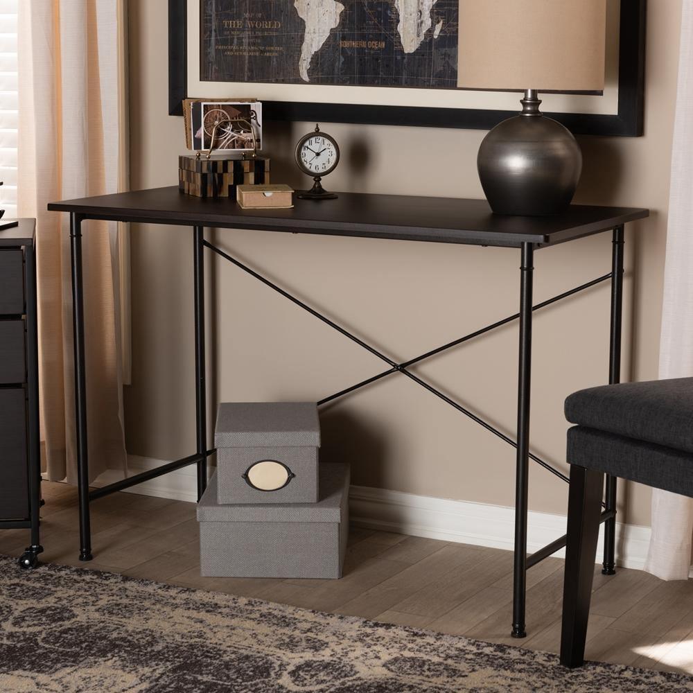Tavin Industrial Espresso Wood and Black Metal Criss-Cross Desk FredCo
