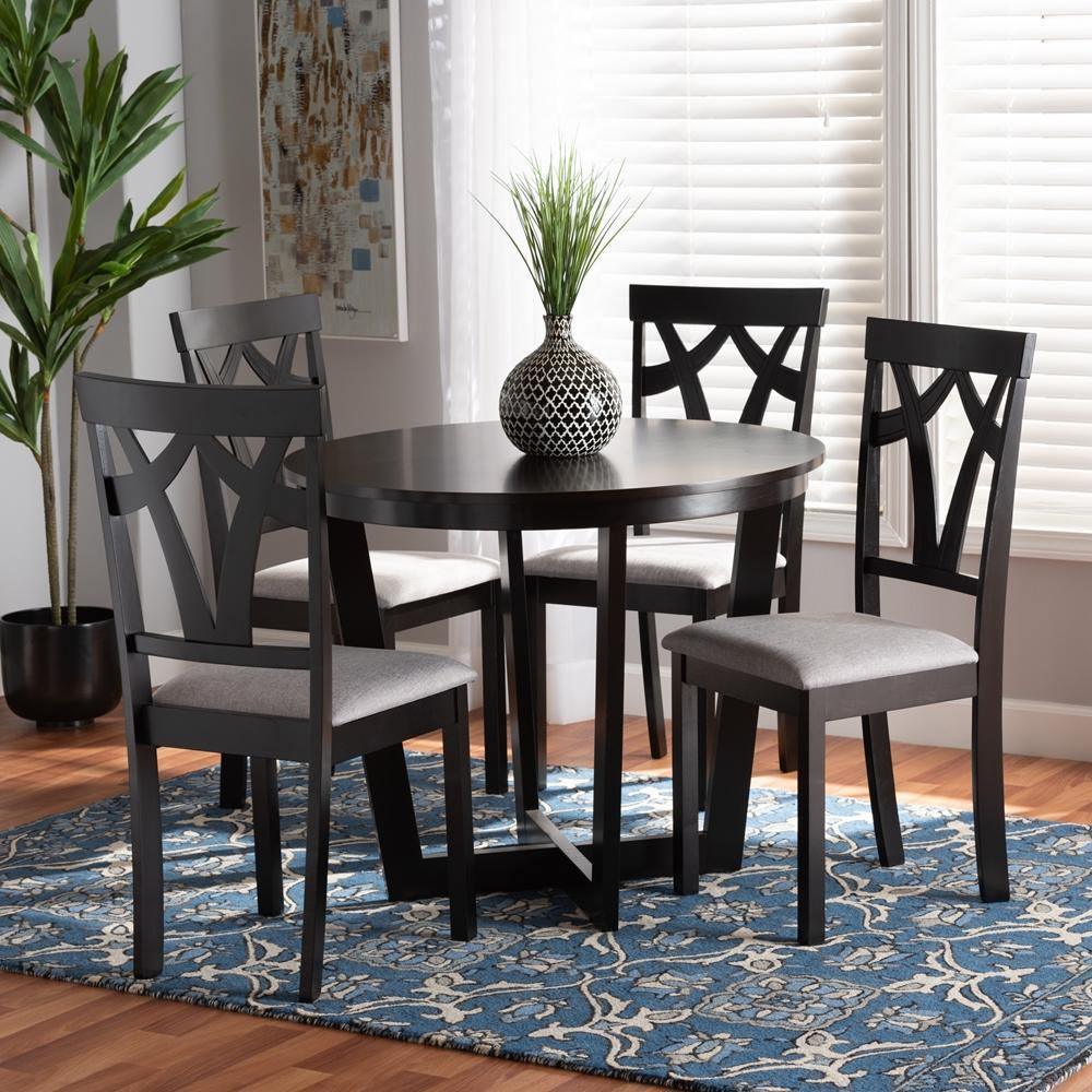 Telma Modern and Contemporary Grey Fabric Upholstered and Dark Brown Finished Wood 5-Piece Dining Set FredCo