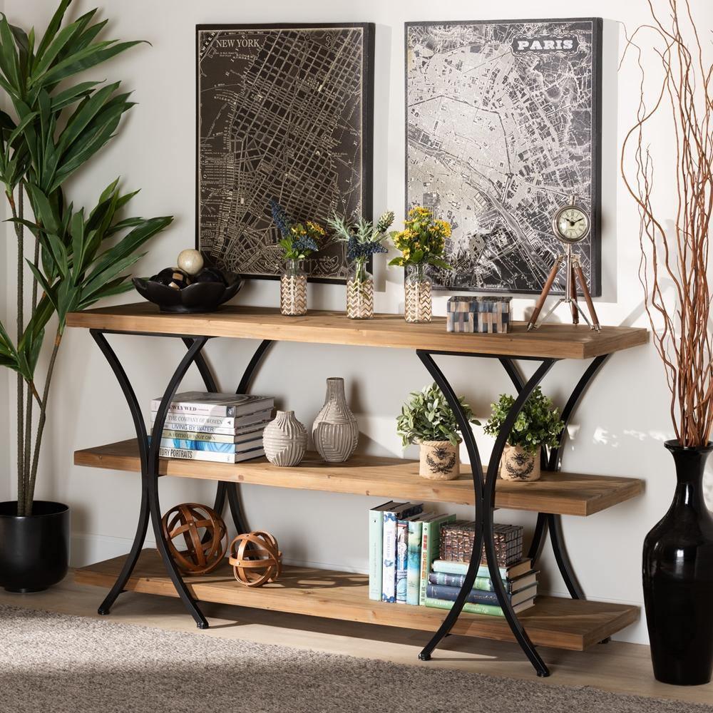 Terrell Modern Rustic and Industrial Natural Brown Finished Wood and Black Finished Metal Console Table FredCo